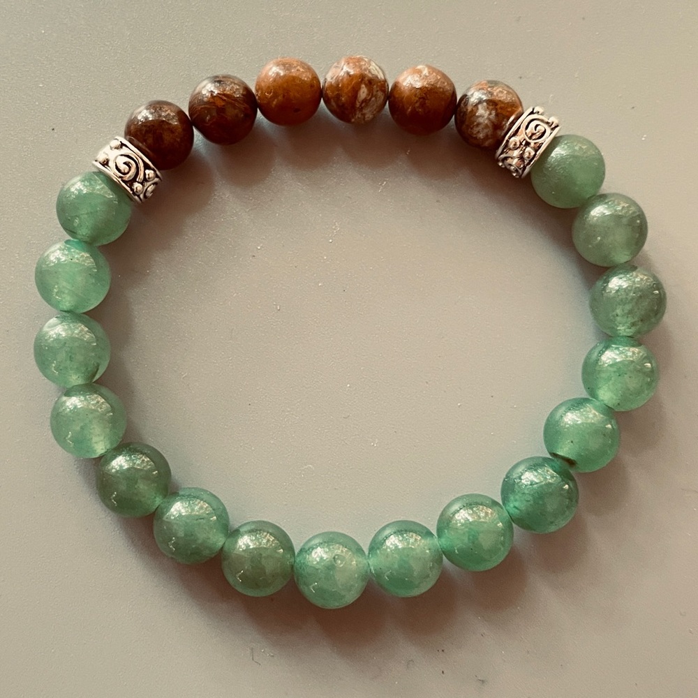 African Natural Coffee Brown Opal and Green Jade Handcrafted Bead Bracelet - Picture 3 of 7